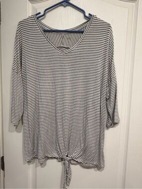 dip Striped V‑Neck Tie‑Front Tunic - White & Black
